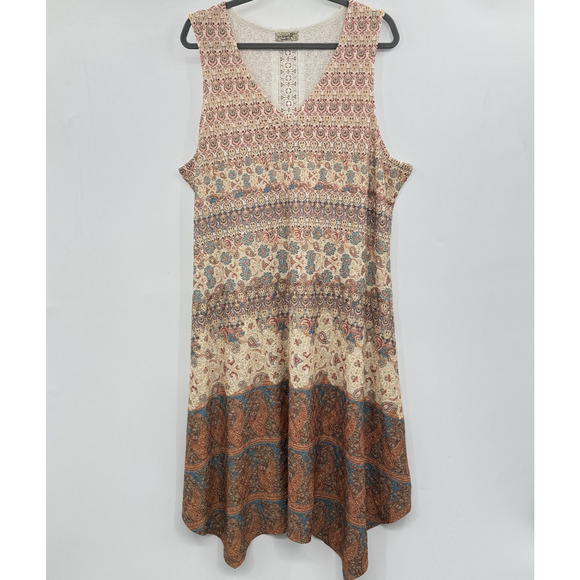 ONE WORLD Dresses & Skirts - One World Boho Print Asymmetrical Hem Dress Size XXL Brown V-Neck Midi Beachy